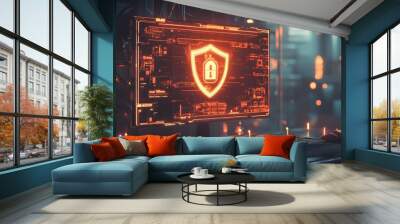 Futuristic computer screen displaying a security icon, representing advanced technology and cybersecurity in a digital environment. Wall mural