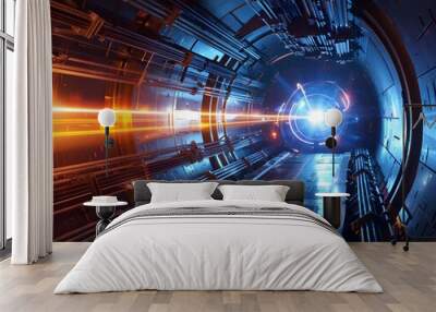 Futuristic tunnel glowing with blue and orange light, showcasing advanced technology and a sci-fi atmosphere. Wall mural