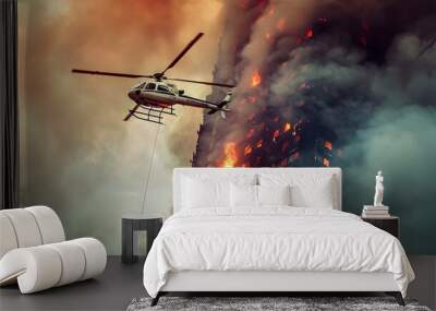 Helicopter battling intense fire in high-rise building amidst heavy smoke. Wall mural