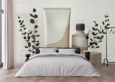 Minimalist skincare products with elegant packaging surrounded by greenery, ideal for beauty and wellness themes. Wall mural