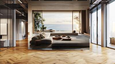 Modern living room with panoramic ocean view, featuring minimalist decor and natural elements for a serene atmosphere. Wall mural