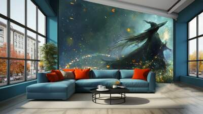 Mystical dark sorceress in a magical forest with glowing lights and ethereal atmosphere, creating enchantment and fantasy. Wall mural