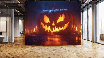 Spooky Halloween pumpkin with a sinister carved face, glowing in the dark surrounded by candles. Perfect for Halloween background and decoration. Wall mural