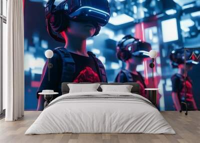 Three children wearing virtual reality headsets in a futuristic setting, showcasing technology and immersive experiences. Wall mural