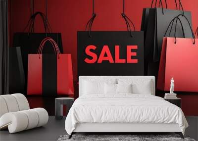 Vibrant display of shopping bags in black and red featuring a bold 'SALE' sign, perfect for advertising seasonal discounts. Wall mural