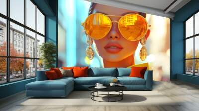 Vibrant portrait of a stylish woman wearing bold sunglasses and statement earrings, set against a colorful urban backdrop. Wall mural