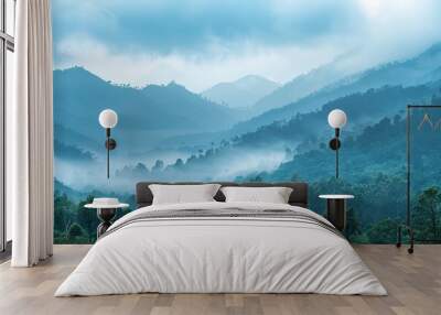 Mountains under mist in the morning Amazing nature scenery form Kerala God's own Country Tourism and travel concept image, Fresh and relax type nature image with generative ai Wall mural