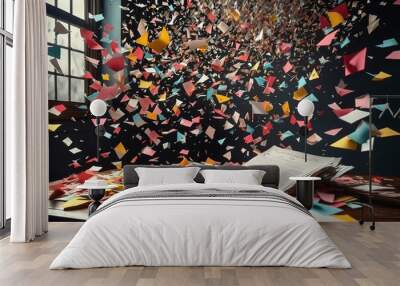 Confetti Explosion over Desk with Papers Wall mural