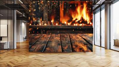 Cozy Fireplace Scene with Wooden Table Wall mural