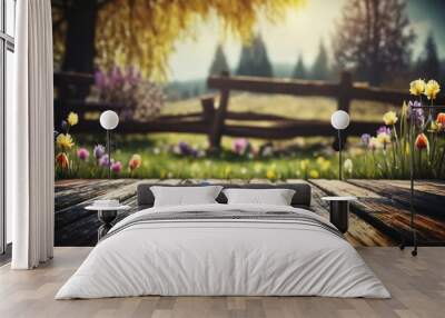 ords: easter eggs, wooden table, spring, flowers, nature, outdoors, decoration, holiday, cel Wall mural