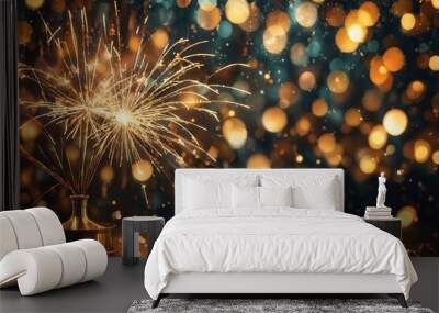 Sparkling Fireworks on Wooden Table with Bokeh Background Wall mural