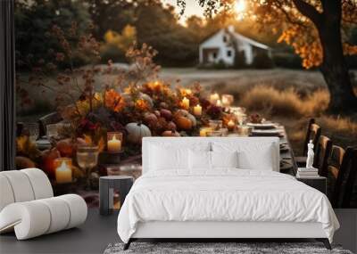 Thanksgiving Table Setting in Nature Wall mural