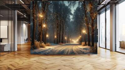 Winter Road with Fairy Lights Wall mural