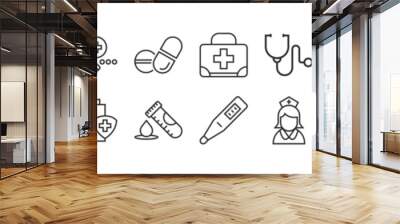 Set of 16 Medical line icons set. Medical outline icons with editable stroke collection. Includes thermometer, ambulance and medicine on white background flat vector illustration Wall mural