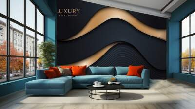 Abstract wavy layers pattern with luxury dark blue and gold background. Vector illustration. Wall mural