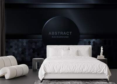 Black abstract overlap layer background with hexagon texture on the layers. Wall mural