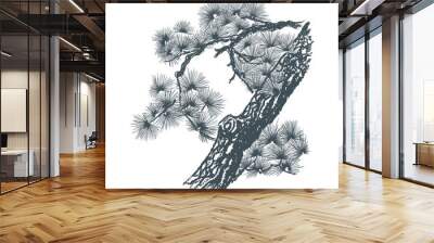 Christmas pine tree branch, hand drawn vintage style. Vector Wall mural