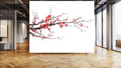 Realistic sakura blossom - Japanese cherry tree isolated on white background. Artistic branch sakura blossom. Vector Wall mural