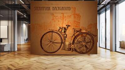 Retro bike. Bicycle in steampunk style. Template blank in steampunk style. Vintage background Wall mural