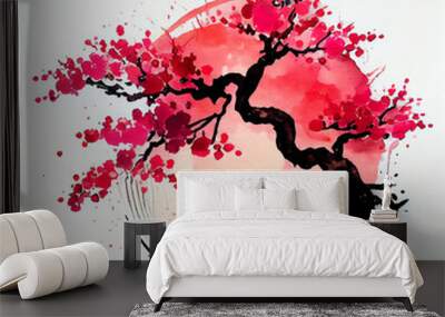 Sakura - Japanese cherry tree blossom. Japanese calligraphy, ink painting. Generative AI Digital Illustration Wall mural