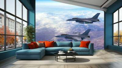 Advanced Fighter Jets Flying Together Above The Clouds. Accelerates And Disappears. War And Air Force Related 3D Illustration Render. Wall mural