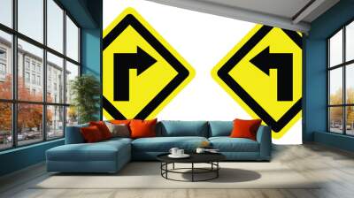 set yellow diamond shape sharp turn right and left arrow road traffic warning sign direction icon. highway route collection road flat symbol for web mobile isolated white background illustration. Wall mural