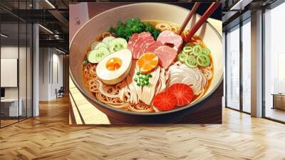 A Bowl of Delicious Ramen with Steaming Broth Wall mural