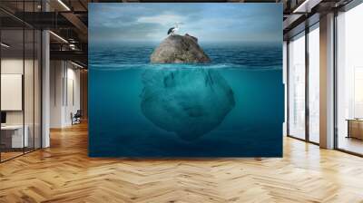 Beautiful underwater scenery with a small island above which is crested by storks and under the surface of the water in tropical turquoise sea waters. Wall mural