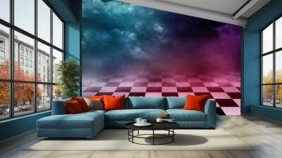 Futuristic Checker floor Grunge Room. Checker floor lead into dark empty space Wall mural