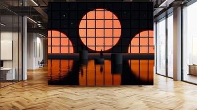 night atmosphere. the silhouette of a man standing in the middle of the water shadow leads to the orange tunnel hole. 3d illustration Wall mural