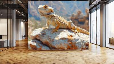 A bearded dragon perched on a rock with a scenic background. Wall mural