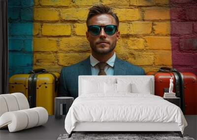 A stylish man in sunglasses stands between two colorful suitcases against a vibrant wall. Wall mural