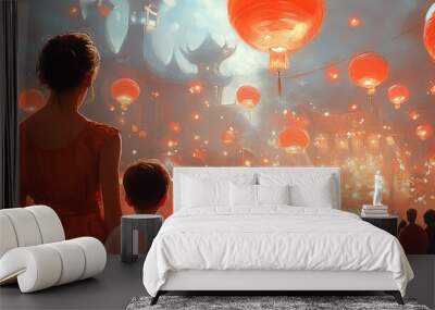 A woman and child stand amongst a crowd watching a spectacle of red lanterns, a vibrant celebration of light and joy. Wall mural