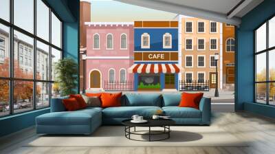 Cartoon of city street with cafe and row of nice houses Wall mural