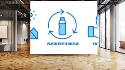 Earth on Heart, Earth on hand, Plastic Bottle Recycle, Mountain, Trash recycle editable stroke outline icons set isolated on white background flat vector illustration. Wall mural