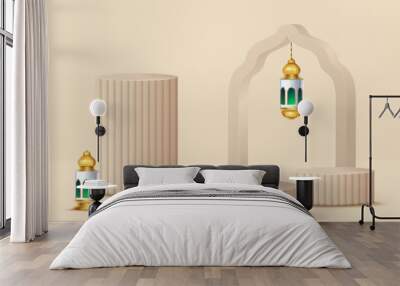 Realistic 3d Islamic celebration with islamic ornament and product podium. Vector 3D Illustration Wall mural