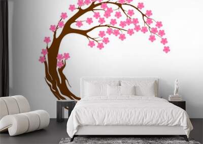 Realistic pink blossoming spring japanese sakura cherry tree vector illustration Wall mural