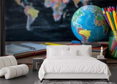 A globe, books, and colored pencils against a world map backdrop, back to schools concept Wall mural