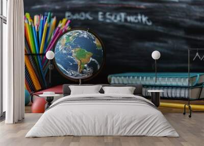 A globe, books, and colored pencils against a world map backdrop, back to schools concept Wall mural