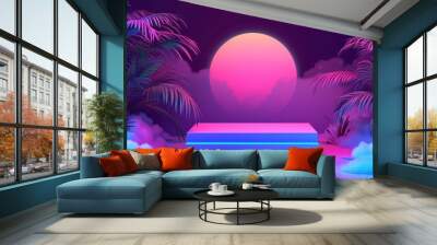 abstract background with neon glow. Futuristic landscape with palm trees, sun and clouds. synthware , retrowave , vaporwave Wall mural