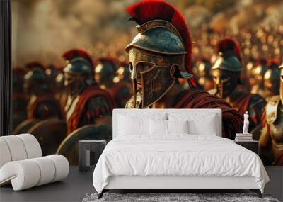 Ancient Roman legionary warrior in armor against the background of the battle Wall mural