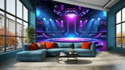 Blue Purple A futuristic control room with holographic displays and a central platform. Wall mural