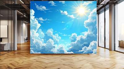 Blue sky with clouds. Anime style background with shining sun and white fluffy clouds. Heavens with bright weather, Wall mural