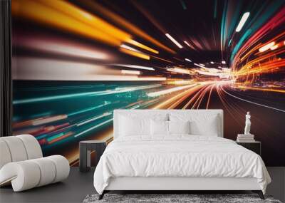 Car motion trails. Speed light streaks background with blurred fast moving light effect, Racing cars dynamic flash effects city road with long exposure night lights by ai generative Wall mural