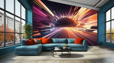 Car motion trails. Speed light streaks background with blurred fast moving light effect. Racing cars dynamic flash effects city road with long exposure night lights by ai generative Wall mural