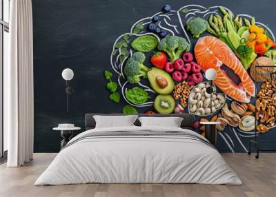 Chalk hand drawn brain picture with assorted food for brain health and good memory Wall mural