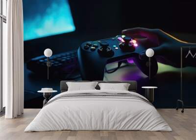 closeup hand with console game in rgb light background Wall mural