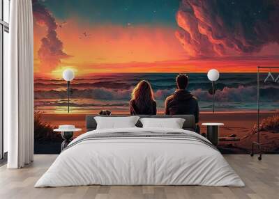 couple sits on a Sandy beach watching the sunset ai generative Wall mural