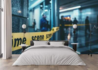 crime scene tape with blurred forensic law enforcement background in cinematic tone and copy space Wall mural