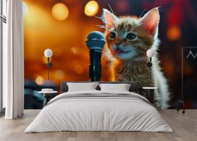 Cute kitten singing with a microphone on a red background Wall mural